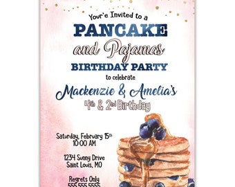 Pancakes and Pajamas | Birthday Party Invitation | Personalized | Envelopes Included with Printed Option