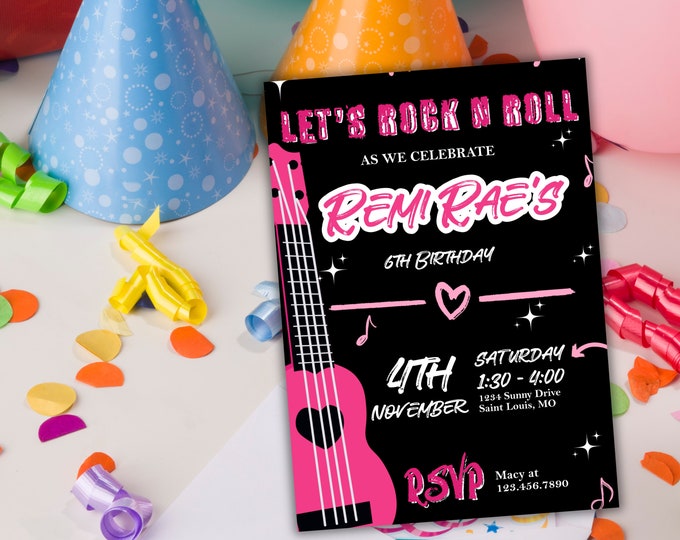 Rock Out with Let's Rock Girls Guitar Birthday Invitations | Personalized | INSTANT DOWNLOAD