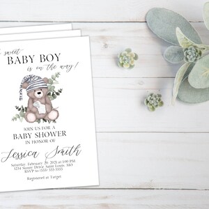 Teddy Bear Baby Shower Invitation Boy, Greenery, Foliage, Floral, Digital, Books for Baby image 4