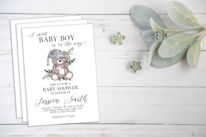 Teddy Bear Baby Shower Invitation Boy, Greenery, Foliage, Floral, Digital, Books for Baby image 4