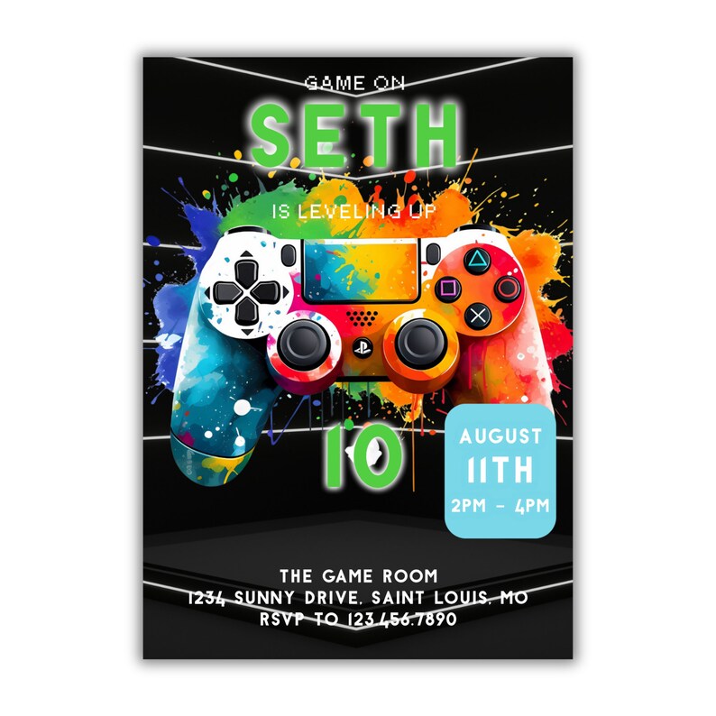 Puede incluir: Un mando de videojuego colorido con un fondo negro y el texto "GAME ON SETH IS LEVELING UP" en verde. El texto "AUGUST IITH 2PM - 4PM" est&aacute; en un cuadro azul. El texto "THE GAME ROOM 1234 SUNNY DRIVE. SAINT LOUIS. MO RSVP TO 123.456.7890" est&aacute; en blanco.