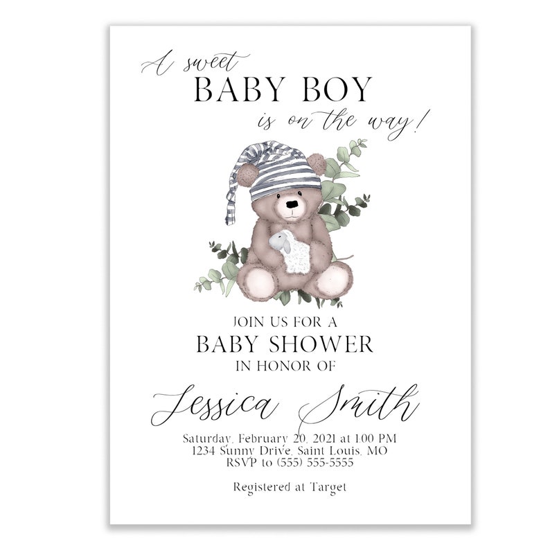 Teddy Bear Baby Shower Invitation Boy, Greenery, Foliage, Floral, Digital, Books for Baby image 2