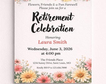 Retirement Party Invitation Template, Floral Retirement Invite, Editable Canva Template, Instant Download