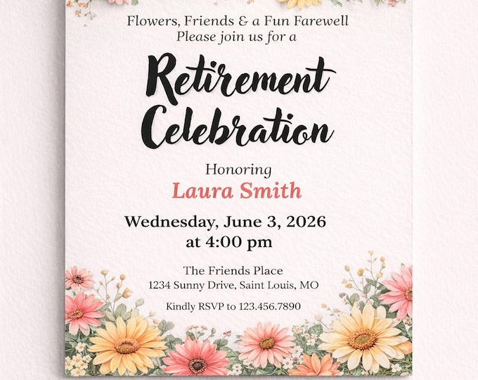 Retirement Party Invitation Template, Floral Retirement Invite, Editable Canva Template, Instant Download