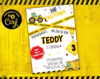 Kids Birthday Party Invitation, Construction, Dump Everything, Instant Download