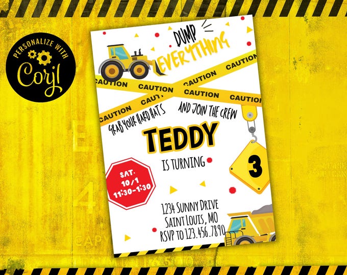 Kids Birthday Party Invitation, Construction, Dump Everything, Instant Download