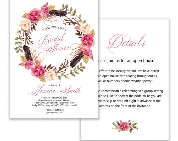 Boho Floral Bridal Shower,  Pink Bridal Shower Invitation, Greenery and Feathers, Digital
