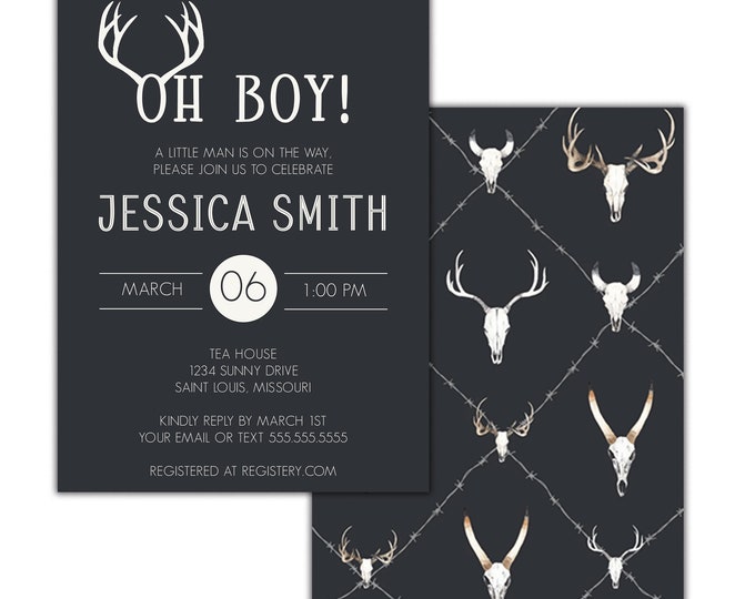 Oh Boy Shower Invitation, Boy, Antlers, Rustic, Printable, Printed