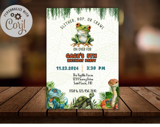 Reptile Party Birthday Invitation, 5x7 Digital Download, Kids Reptile Themed Birthday, Instant Download