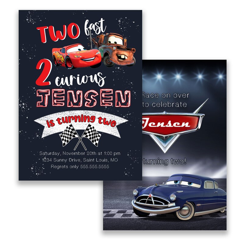 May include: Two invitation cards for a birthday party. The first card features a blue background with white stars and the text "TWO fast 2 curious JENSEN is turning two". The second card features a blue background with a race track and a blue car. The text on the second card reads "Race on over to celebrate Jensen turning two!"