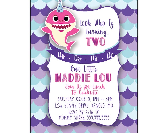 Baby Shark | Birthday Party Invitations | Personalized | Purple or Blue Design