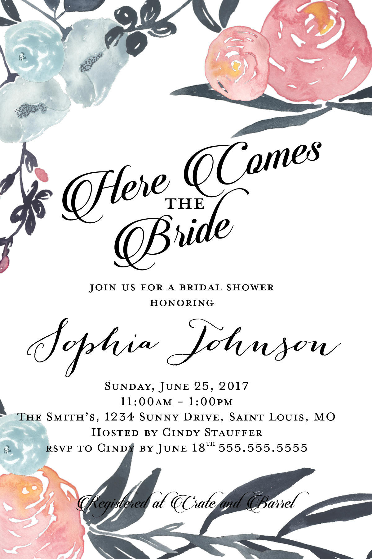 Bridal Shower Invite Here Comes The Bride Water Color Flowers
