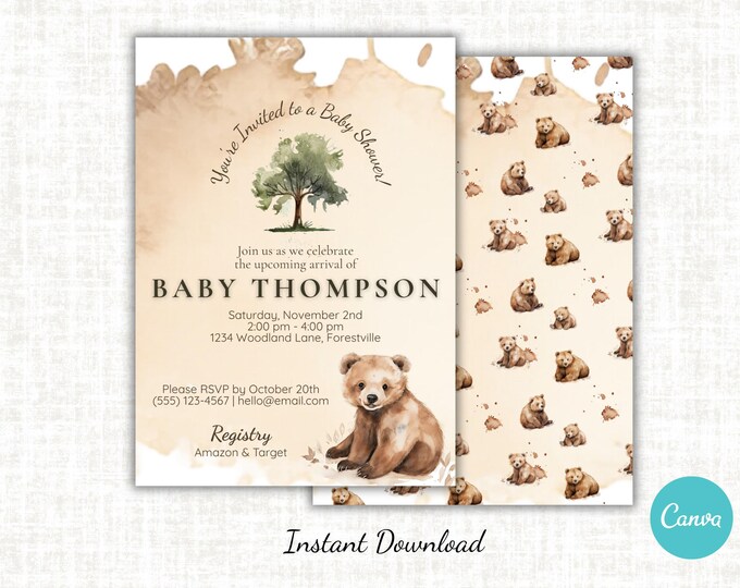 Rustic Bear Baby Shower Invitation Template | Editable Canva Invite | Woodland Baby Shower Printable | Instant Download