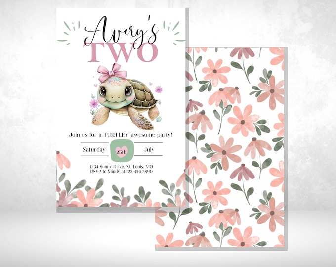 Turtely Awesome Invitation | Let's Shellebrate | Instant Download | Girl Turtle Birthday Invitation