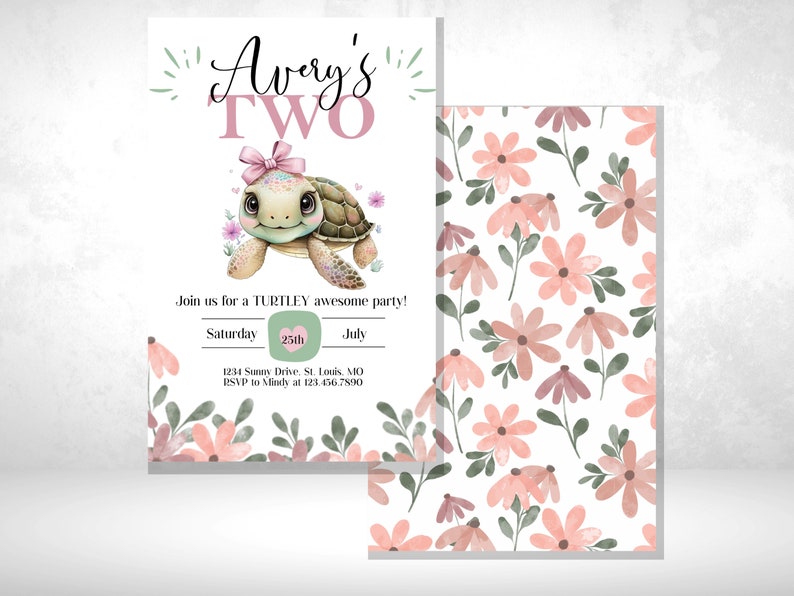 May include: A pink and green invitation with a cartoon turtle and the text "Avery's Two" for a second birthday party. The invitation has a floral pattern in the background.