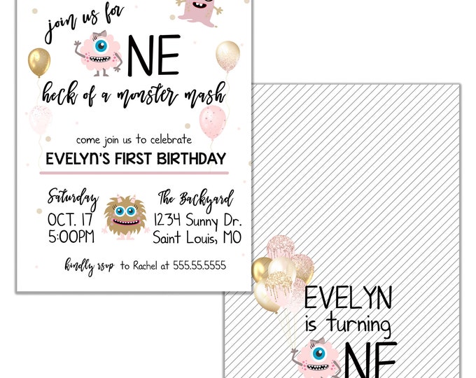 Monster Mash Invitation, Pink and Gold, Little Girl Monster, Any Age, Birthday Party Digital or Printed Option