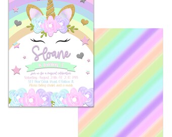 Unicorn Birthday Party Invitation, Digital Download or Printed Options, Envelopes Included With Printed Option
