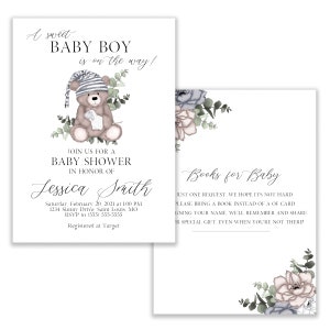 Teddy Bear Baby Shower Invitation Boy, Greenery, Foliage, Floral, Digital, Books for Baby image 1