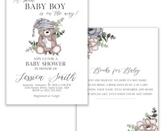 Teddy Bear Baby Shower Invitation Boy, Greenery, Foliage, Floral, Digital, Books for Baby