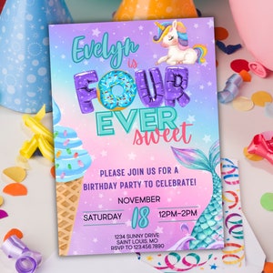 FOURever Sweet | 4th Birthday Party Invitation | CORJL | INSTANT DOWNLOAD