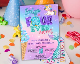 FOURever Sweet | 4th Birthday Party Invitation | CORJL | INSTANT DOWNLOAD