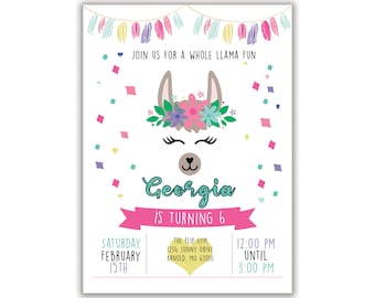 Llama Birthday Party Invitation,  Personalized Invite, Digital or Printed,  Envelopes Included with Printed Option
