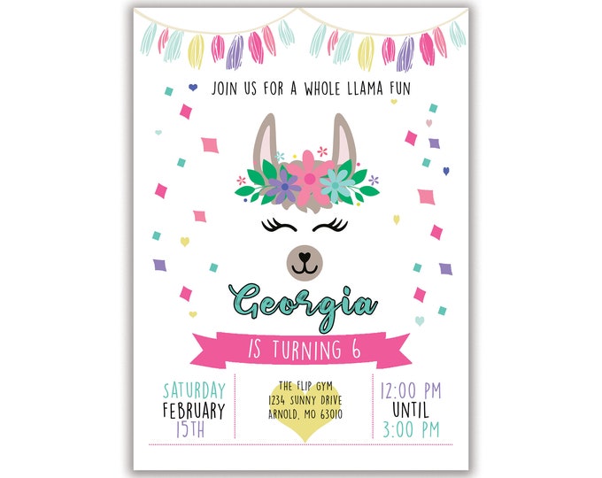 Llama Birthday Party Invitation,  Personalized Invite, Digital or Printed,  Envelopes Included with Printed Option