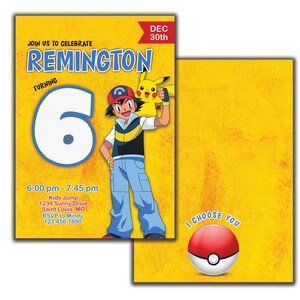 Peut inclure: Une invitation d'anniversaire jaune et rouge avec une image de dessin anim&eacute; d'un gar&ccedil;on avec un personnage jaune de Pokemon sur son &eacute;paule. L'invitation indique "Rejoignez-nous pour c&eacute;l&eacute;brer Remington qui a 6 ans" et comprend des d&eacute;tails sur la f&ecirc;te, y compris la date, l'heure, le lieu et les informations RSVP.