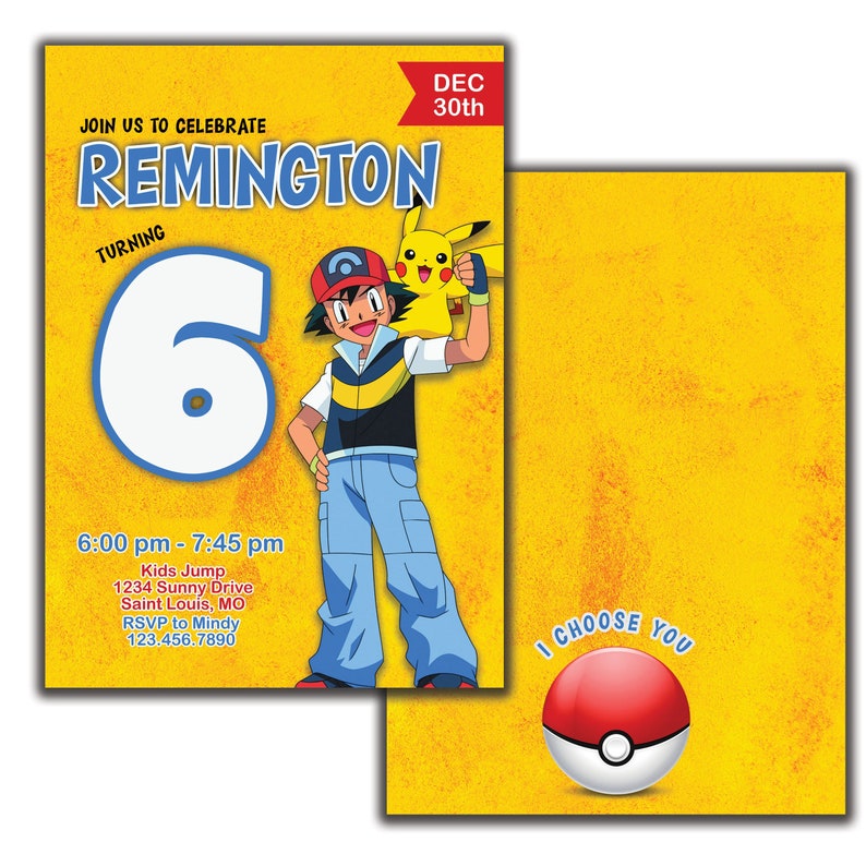 Peut inclure: Une invitation d'anniversaire jaune et rouge avec une image de dessin anim&eacute; d'un gar&ccedil;on avec un personnage jaune de Pokemon sur son &eacute;paule. L'invitation indique "Rejoignez-nous pour c&eacute;l&eacute;brer Remington qui a 6 ans" et comprend des d&eacute;tails sur la f&ecirc;te, y compris la date, l'heure, le lieu et les informations RSVP.