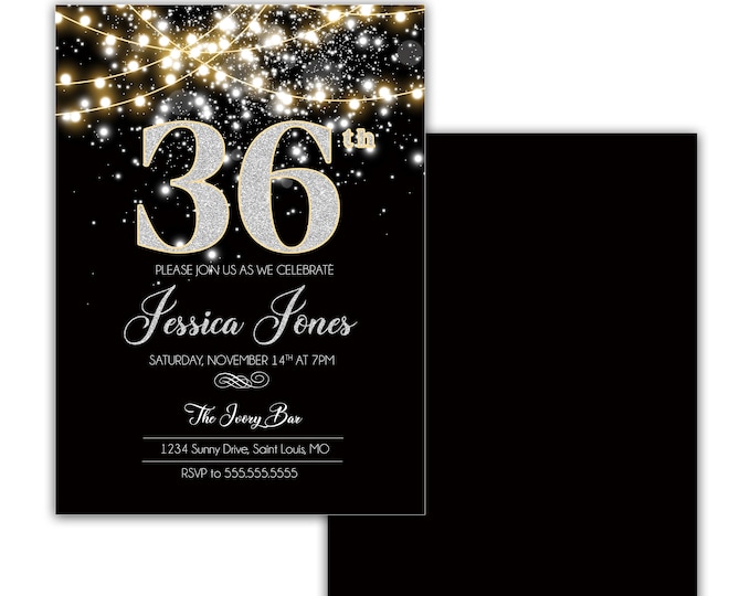 Birthday Party Invitation Elegant Invite Black, Silver and Gold Sparkle Glitter Birthday Party