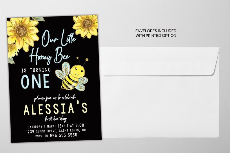 Our Little Honey Bee Birthday Party Invites, Bee-Day Invitations, Bee Party Bumble Bee Theme, Digital or Printed Option image 4