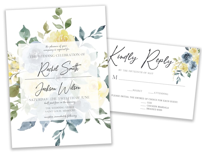 Wedding Invitation Set, Floral Wedding Invitation Suite, RSVP Card