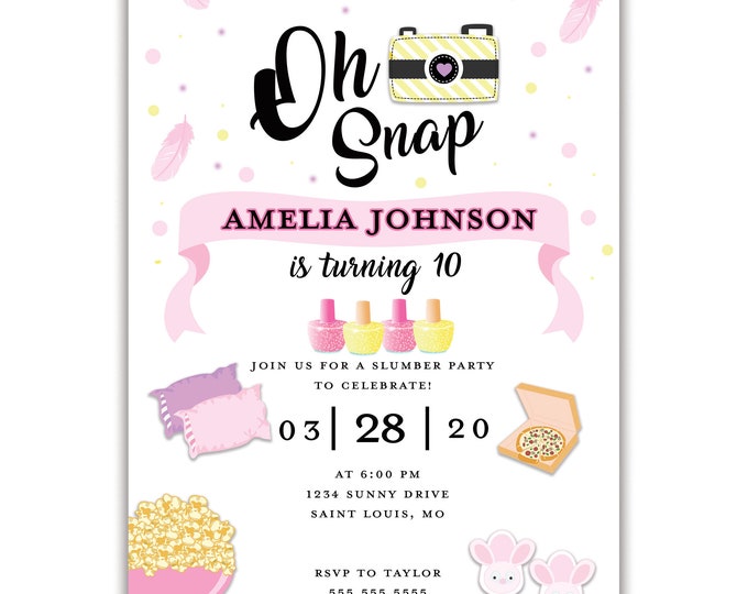 Oh Snap Slumber Party Birthday Invitation, Personalized, Envelopes Included with Printed Option