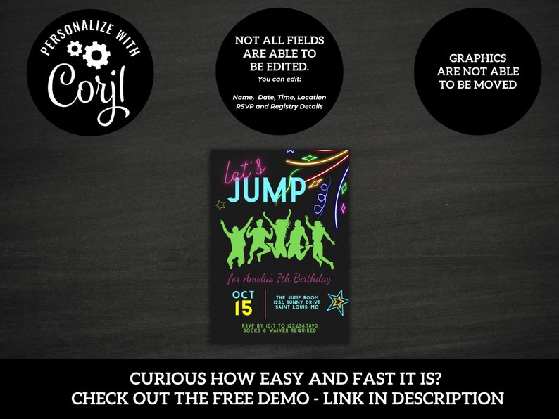 Puede incluir: Una invitaci&oacute;n de fiesta de cumplea&ntilde;os de color verde ne&oacute;n, rosa y azul con el texto "Let's Jump" y una silueta de ni&ntilde;os saltando. La invitaci&oacute;n es para el 7&ordm; cumplea&ntilde;os de Amelia, el 15 de octubre, en The Jump Room, 1234 Sunny Drive, Saint Louis, MO. Confirma tu asistencia antes del 7 de octubre al 1234567890. Se requieren calcetines y agua.