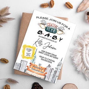 May include: Baby shower invitation with a Central Perk logo and a watercolour cityscape design. The invitation provides details for Katy Johnson's baby shower, including the date, time, and RSVP information. The design incorporates elements from the TV show "Friends".