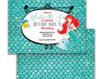 Little Mermaid, Kids Birthday Invitation, Custom Party Invite, Printed Birthday Invitation, Digital Invitation