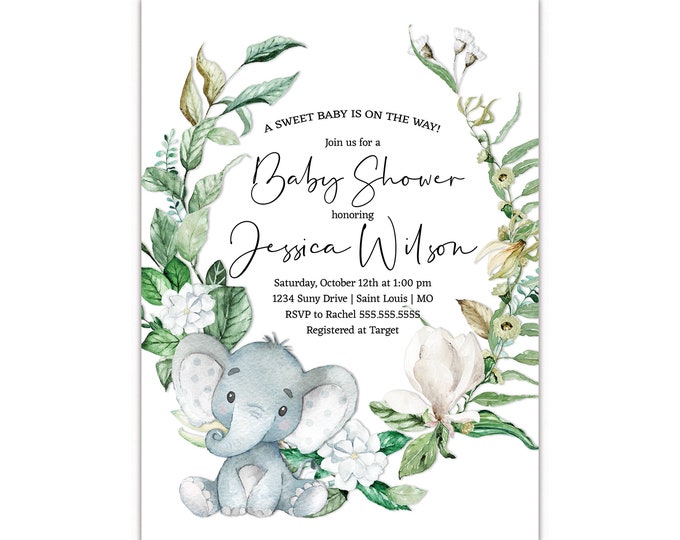 The Melange Market, Personalized Baby Shower Invitations, Elephant and Lush Greenery, Envelopes Included with Printed Option