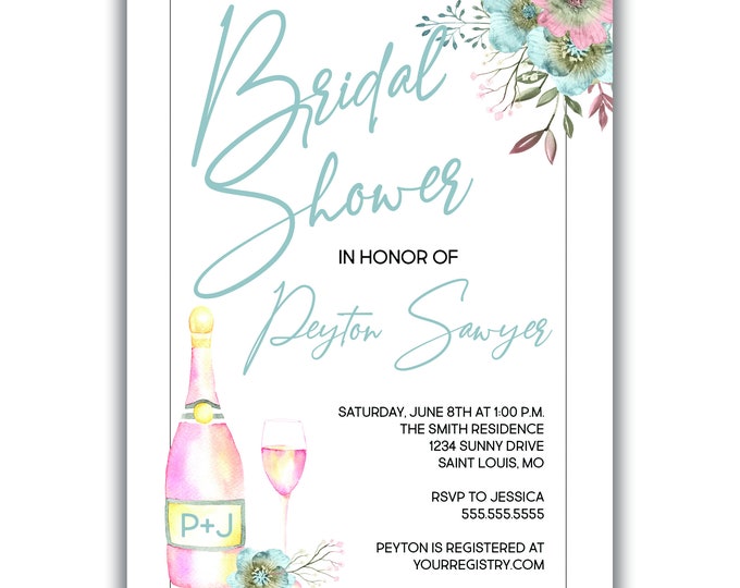 Champagne & Flowers | Bridal Shower Invitation | Personalized | Envelopes Included