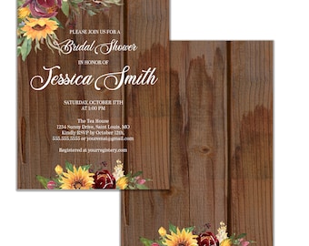 Sunflower Bridal Shower Invitation, Rustic Shower Invitation, Digital or Printed Option