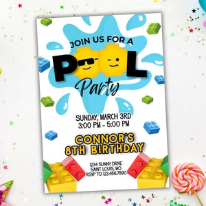 May include: A colorful invitation for a pool party with a Lego theme. The invitation features a blue and white water splash design with a Lego figure wearing sunglasses. The text reads "Join us for a Pool Party", "Sunday, March 3rd 3:00 PM - 5:00 PM", "Connor's 8th Birthday", "1234 Sunny Drive Saint Louis, MO", and "RSVP to 123.456.7890".