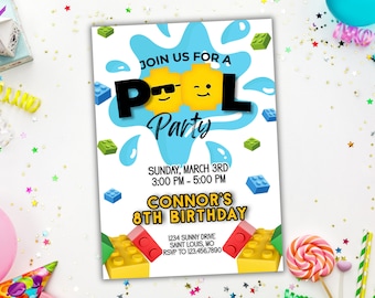 Kids Birthday Party Invitation, Bricks, Pool Party, Instant Download