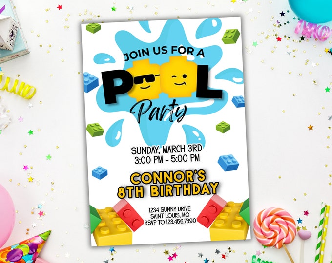 Kids Birthday Party Invitation, Bricks, Pool Party, Instant Download