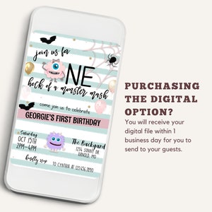 May include: A digital invitation for a first birthday party with a monster theme. The invitation features a cute monster with one eye and a pink and purple color scheme. The text on the invitation reads "Join us for one heck of a monster mash" and "Georgie's First Birthday".
