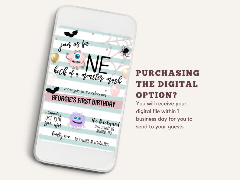 May include: A digital invitation for a first birthday party with a monster theme. The invitation features a cute monster with one eye and a pink and purple color scheme. The text on the invitation reads "Join us for one heck of a monster mash" and "Georgie's First Birthday".