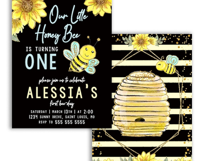 Our Little Honey Bee Birthday Party Invites, Bee-Day Invitations, Bee Party Bumble Bee Theme, Digital or Printed Option