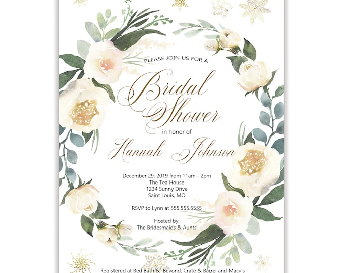 Winter Bridal Shower Invitations, Floral & Greenery, Printed Invitation, Digital Invitation