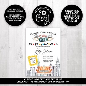 May include: A printable invitation for a bridal shower with a Friends theme. The invitation features the Central Perk logo and a cityscape with the iconic orange couch. The text reads "Please join us for a bridal shower in honour of Katy Johnson".