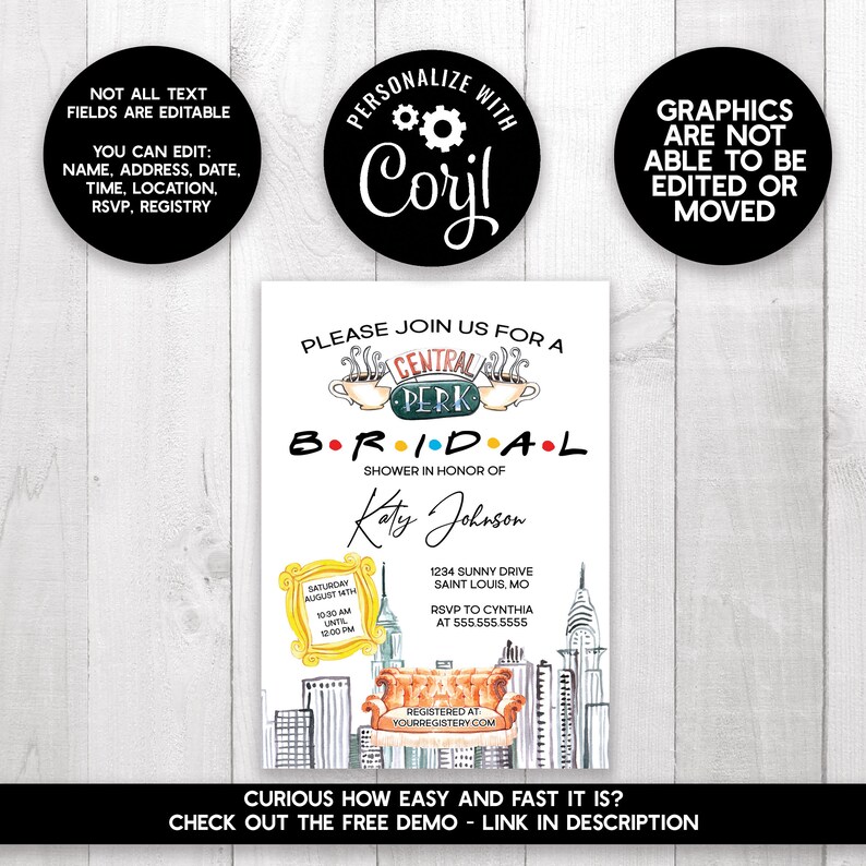 May include: A printable invitation for a bridal shower with a Friends theme. The invitation features the Central Perk logo and a cityscape with the iconic orange couch. The text reads "Please join us for a bridal shower in honour of Katy Johnson".