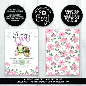 May include: A printable invitation for a 2nd birthday party with a turtle theme. The invitation features a cartoon turtle with a pink bow and flowers. The text on the invitation reads "Avery's Two" and "Join us for a TURTLEY awesome party!" The invitation is decorated with pink and green flowers.