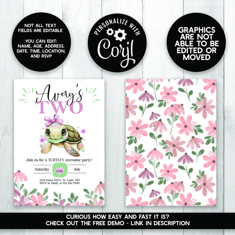 May include: A printable invitation for a 2nd birthday party with a turtle theme. The invitation features a cartoon turtle with a pink bow and flowers. The text on the invitation reads "Avery's Two" and "Join us for a TURTLEY awesome party!" The invitation is decorated with pink and green flowers.